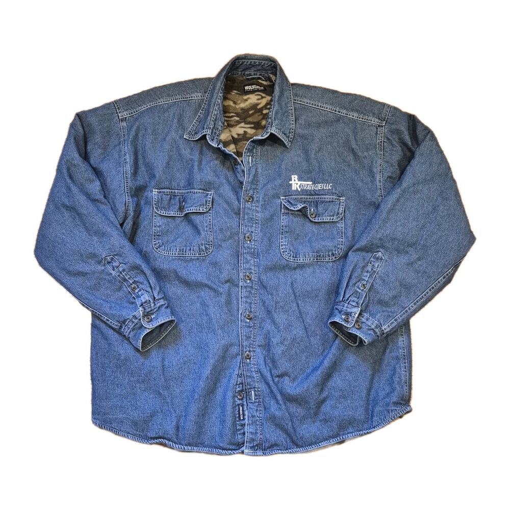 Vintage Wolverine Men 2XLT Denim Button-Up Jacket Camo Fleece Lined Workwear